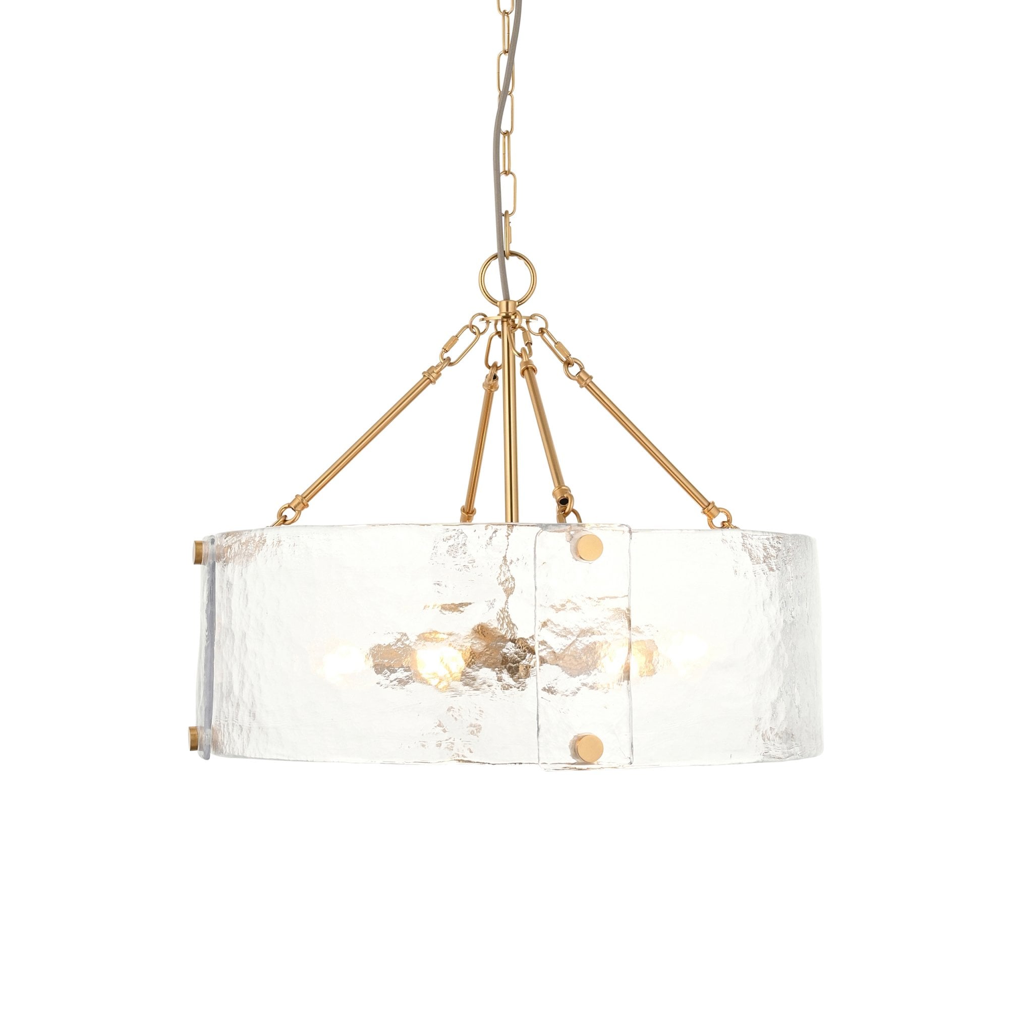 118584 Keller 6 Light Pendant Brushed Aged Brass Plate & Handmade Textured Clear Glass