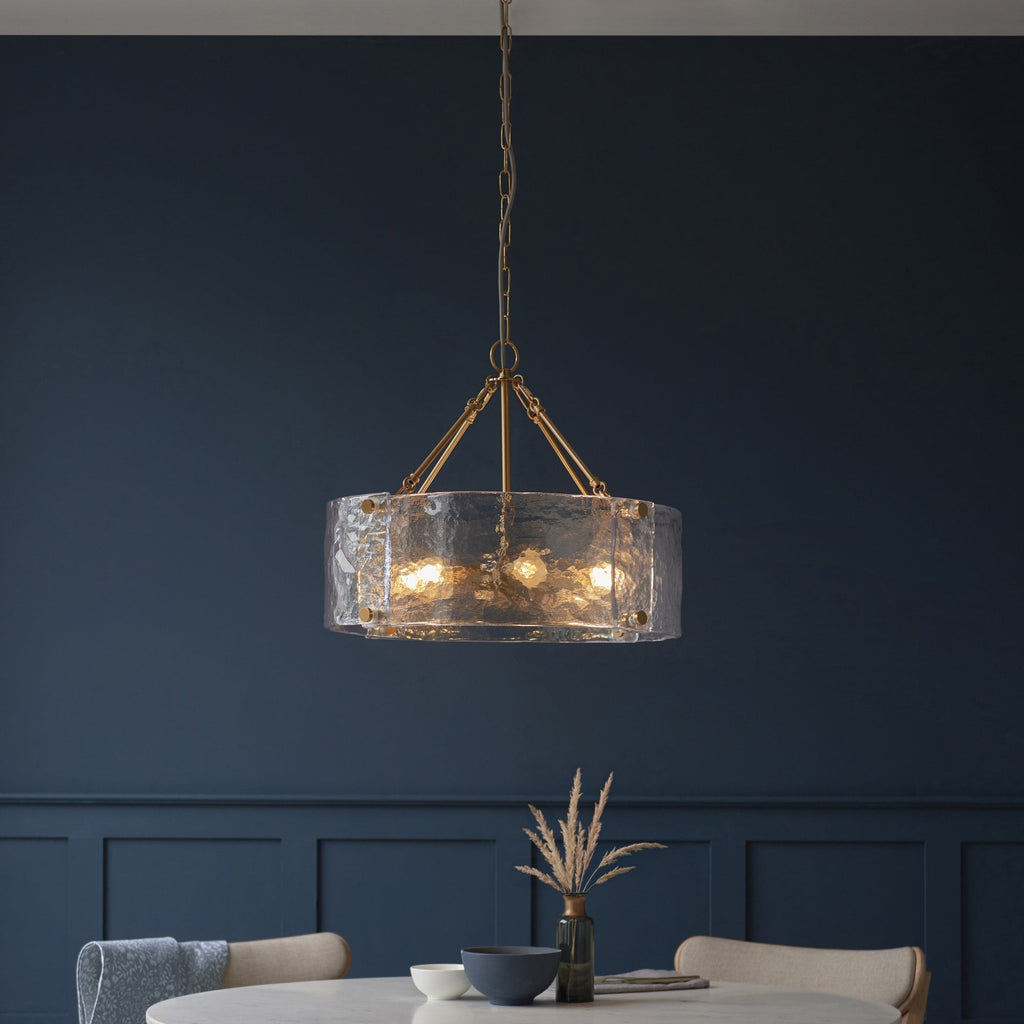 118584 Keller 6 Light Pendant Brushed Aged Brass Plate & Handmade Textured Clear Glass