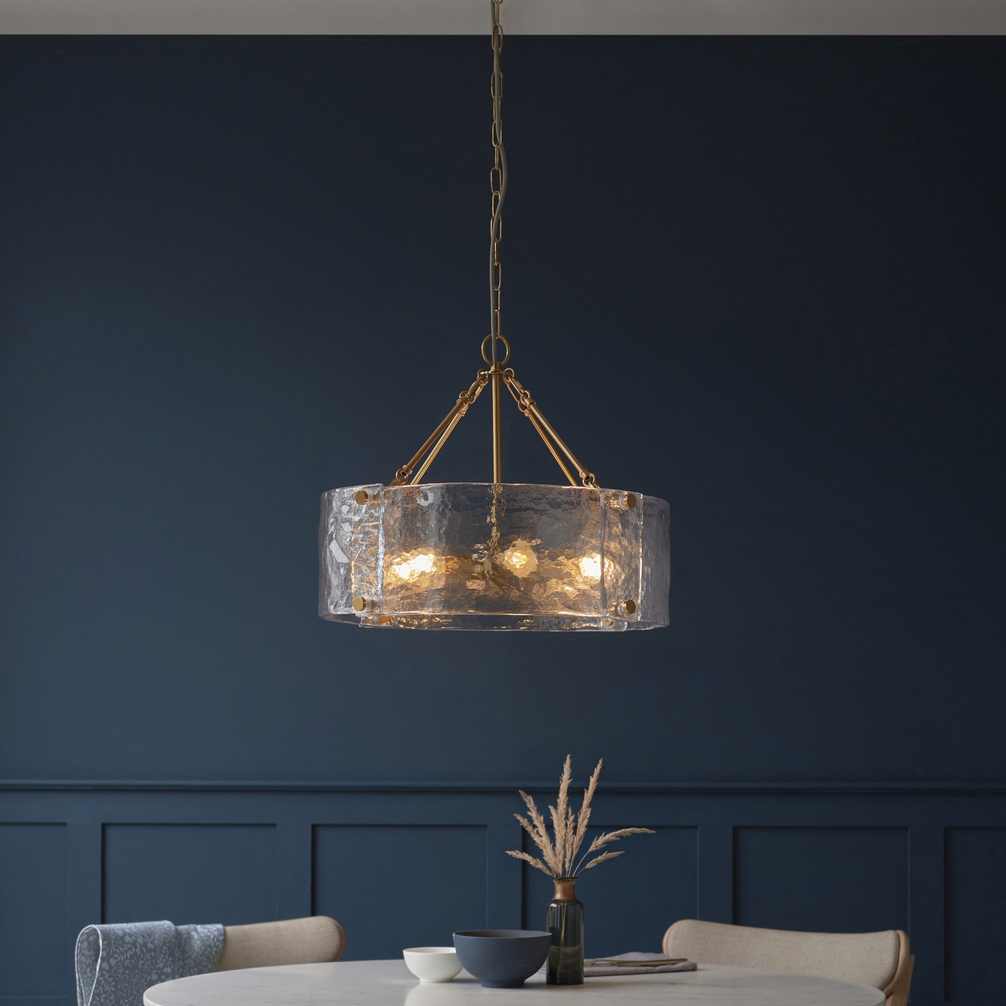118584 Keller 6 Light Pendant Brushed Aged Brass Plate & Handmade Textured Clear Glass
