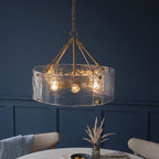 118584 Keller 6 Light Pendant Brushed Aged Brass Plate & Handmade Textured Clear Glass