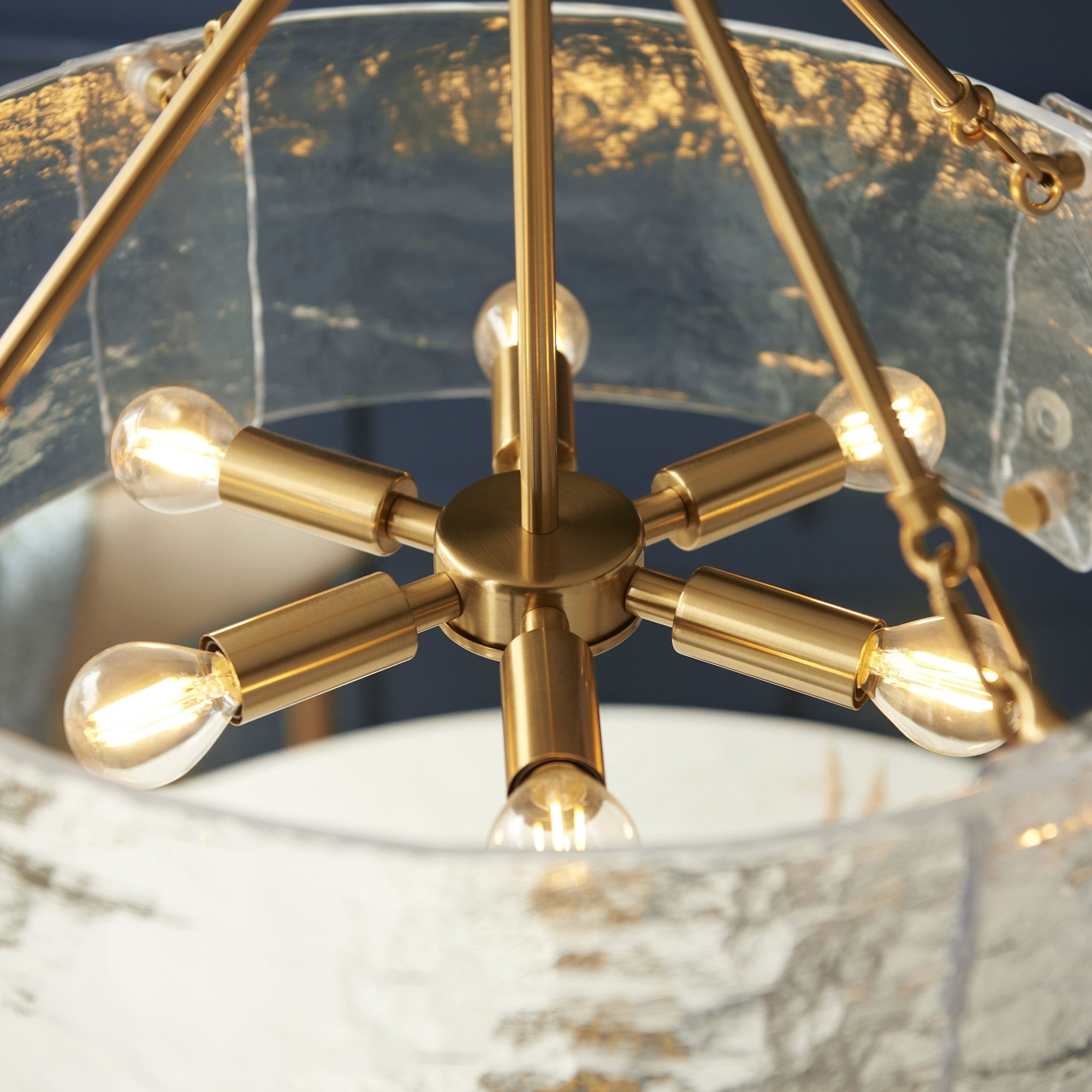 118584 Keller 6 Light Pendant Brushed Aged Brass Plate & Handmade Textured Clear Glass