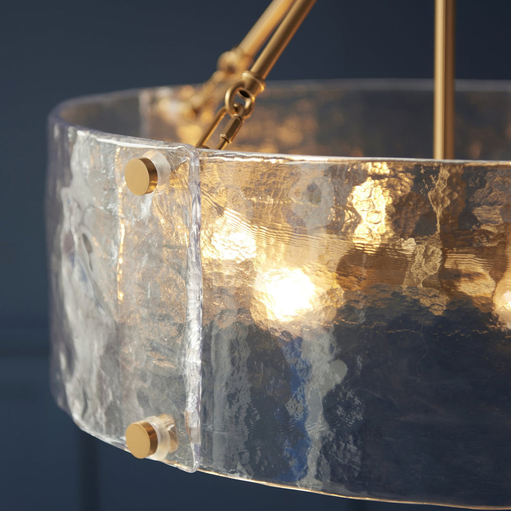 118584 Keller 6 Light Pendant Brushed Aged Brass Plate & Handmade Textured Clear Glass