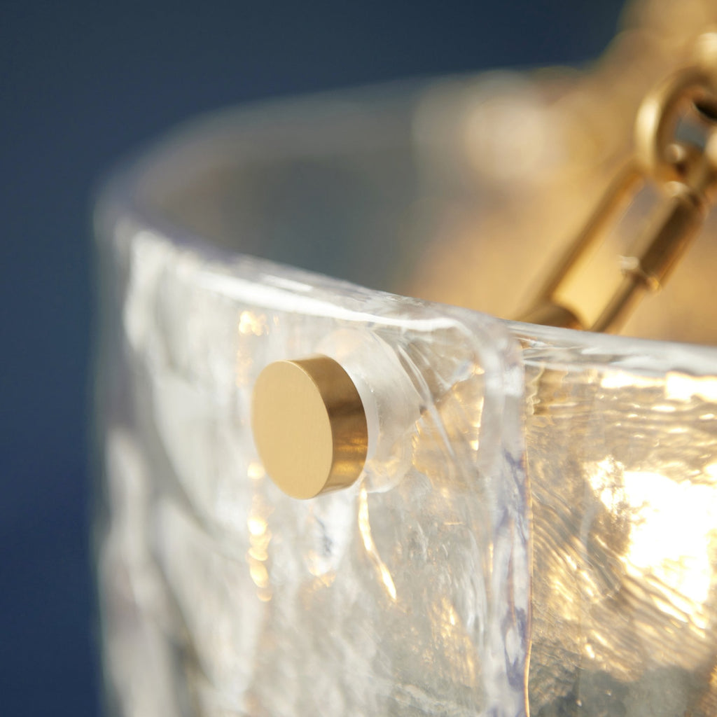 118584 Keller 6 Light Pendant Brushed Aged Brass Plate & Handmade Textured Clear Glass