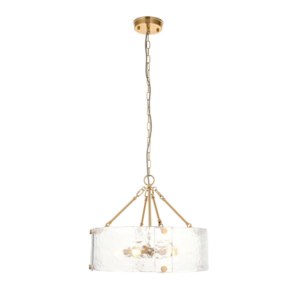 118584 Keller 6 Light Pendant Brushed Aged Brass Plate & Handmade Textured Clear Glass