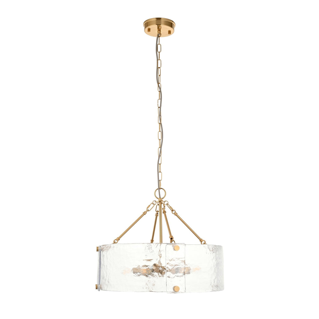 118584 Keller 6 Light Pendant Brushed Aged Brass Plate & Handmade Textured Clear Glass