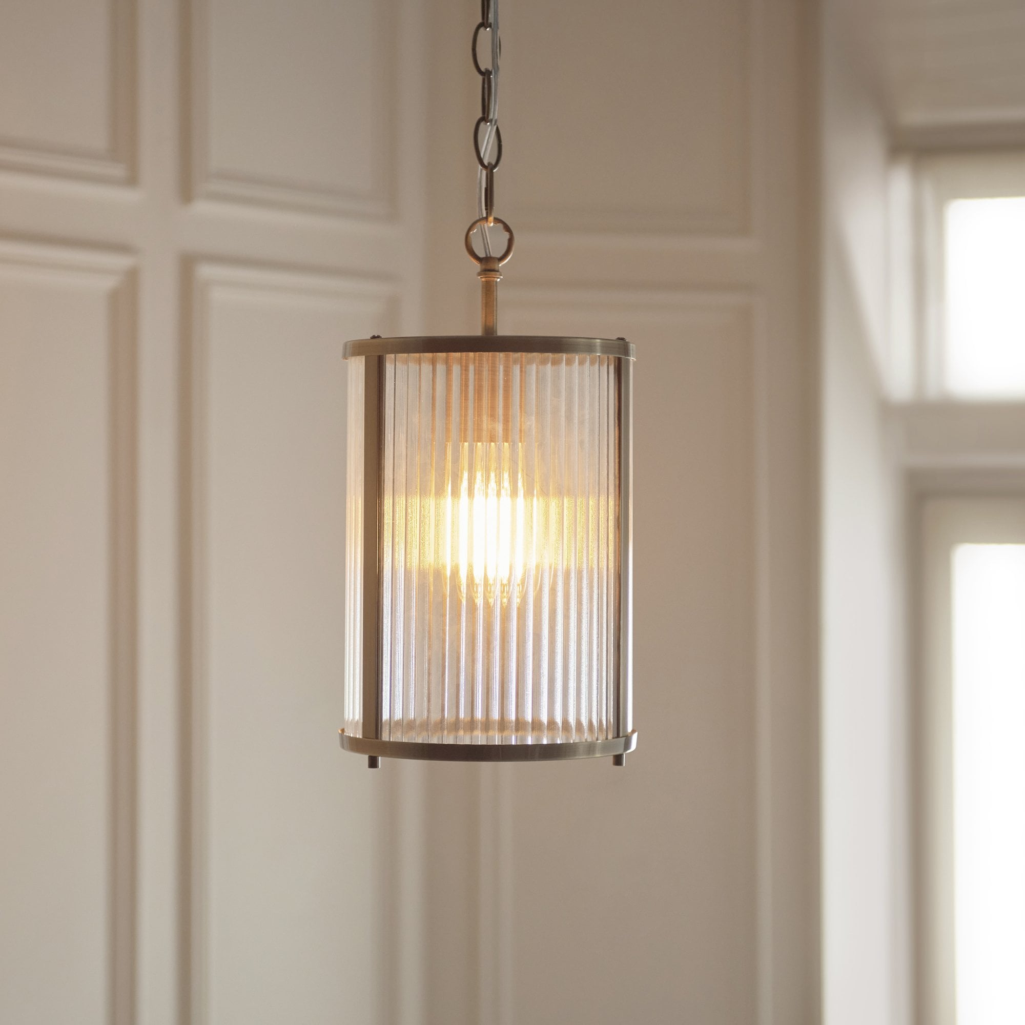 118595 Ridgeton Pendant Antique Brass Plate & Clear Ribbed Glass