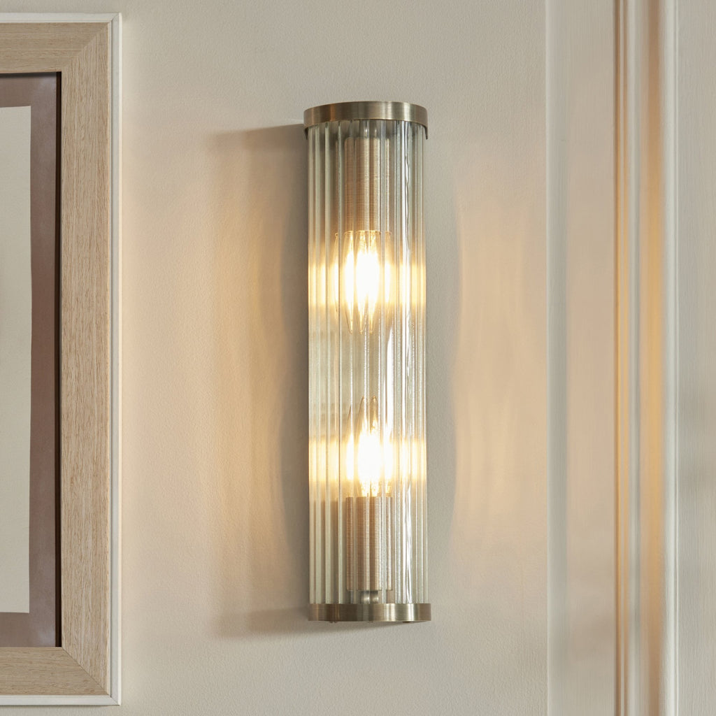 118597 Ridgeton 2 Light Wall Light Antique Brass Plate & Clear Ribbed Glass