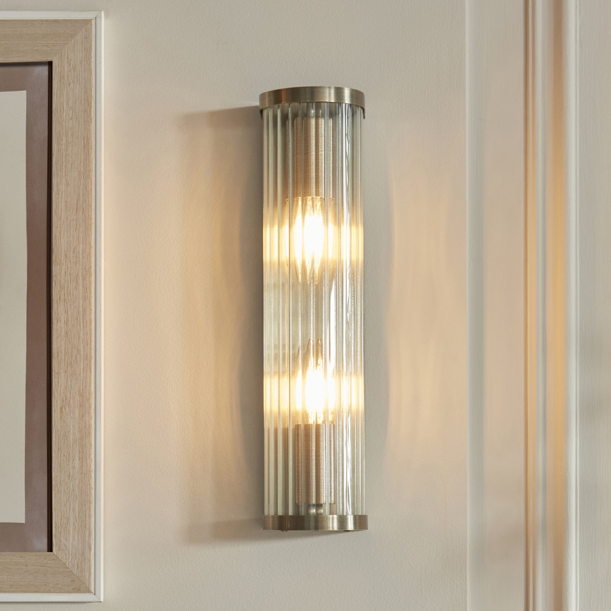 118597 Ridgeton 2 Light Wall Light Antique Brass Plate & Clear Ribbed Glass