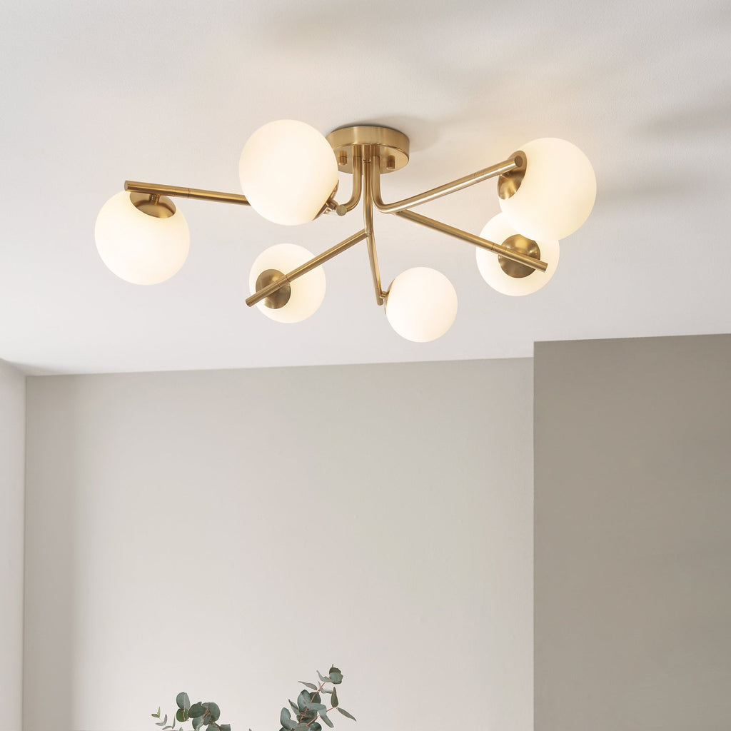 118651 Aaron 6 Light Semi Flush Ceiling Light Brushed Aged Brass Plate & Matt Opal Glass