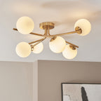 118651 Aaron 6 Light Semi Flush Ceiling Light Brushed Aged Brass Plate & Matt Opal Glass