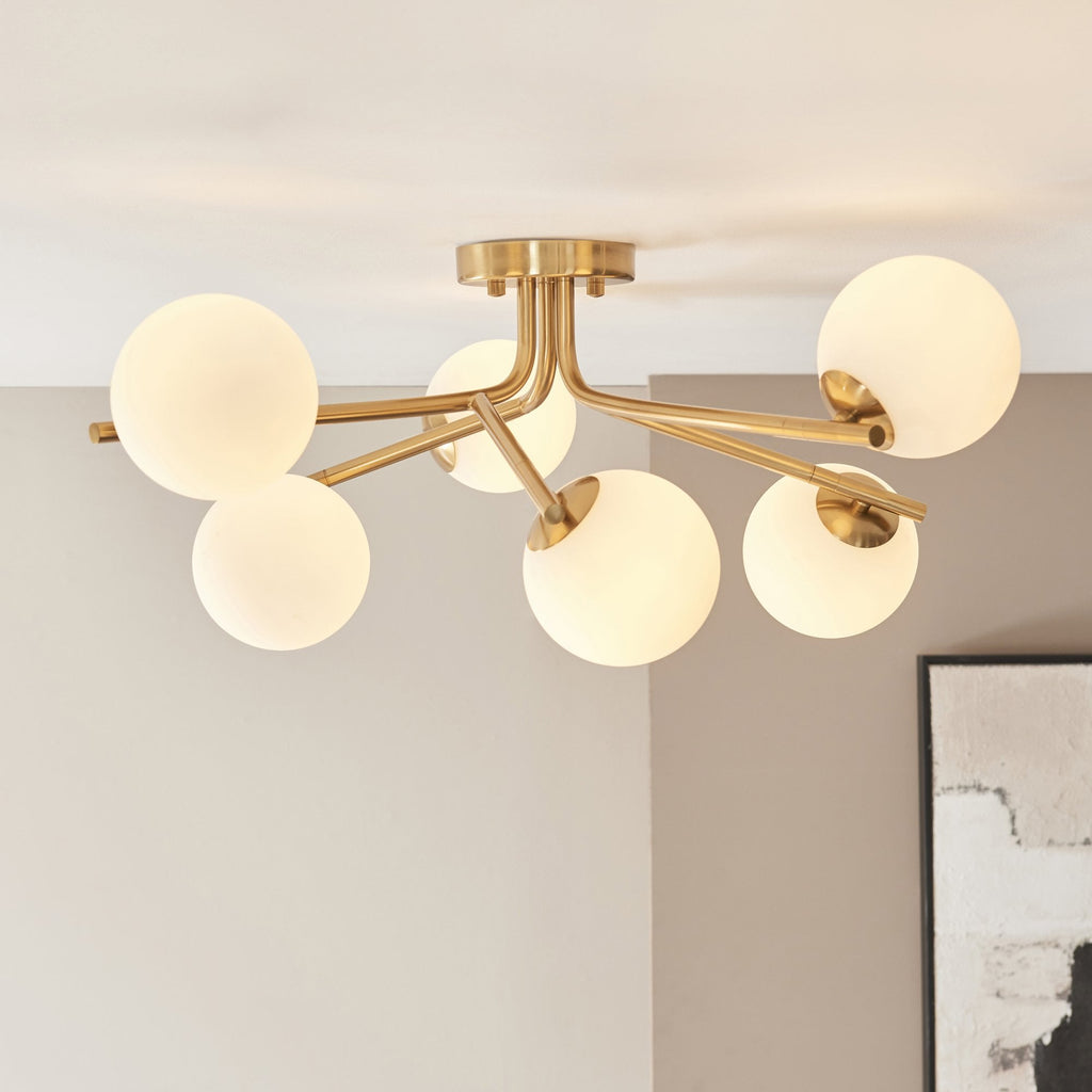 118651 Aaron 6 Light Semi Flush Ceiling Light Brushed Aged Brass Plate & Matt Opal Glass