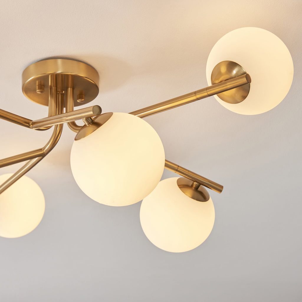 118651 Aaron 6 Light Semi Flush Ceiling Light Brushed Aged Brass Plate & Matt Opal Glass