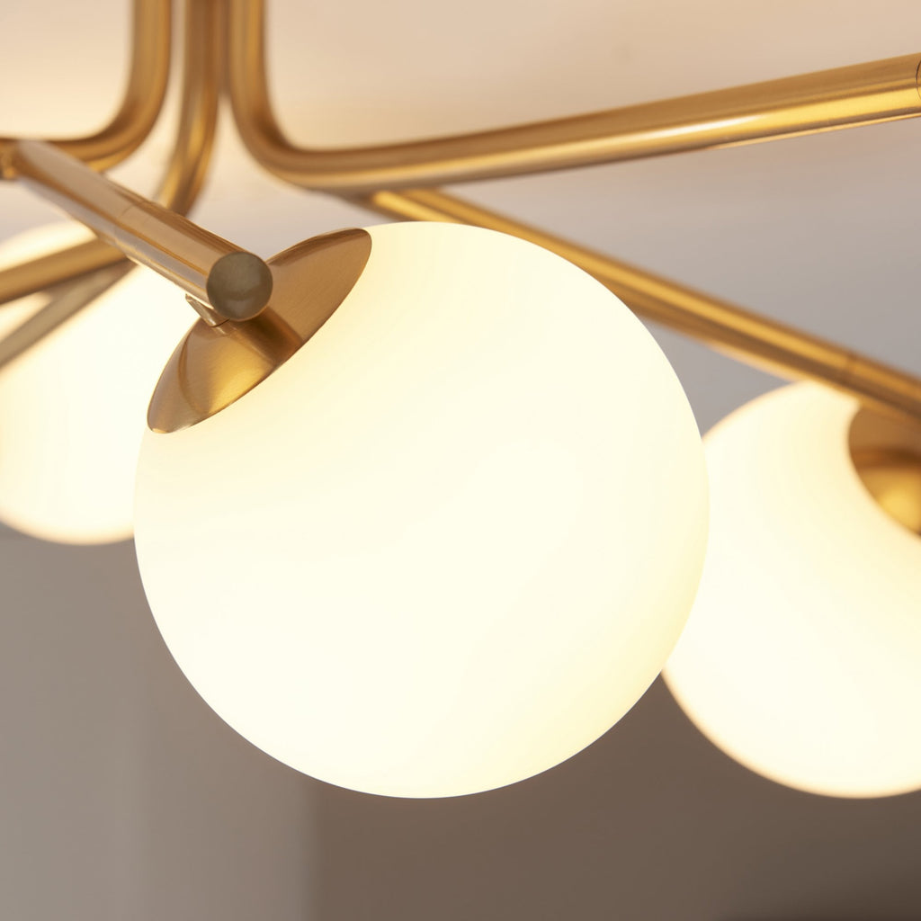 118651 Aaron 6 Light Semi Flush Ceiling Light Brushed Aged Brass Plate & Matt Opal Glass