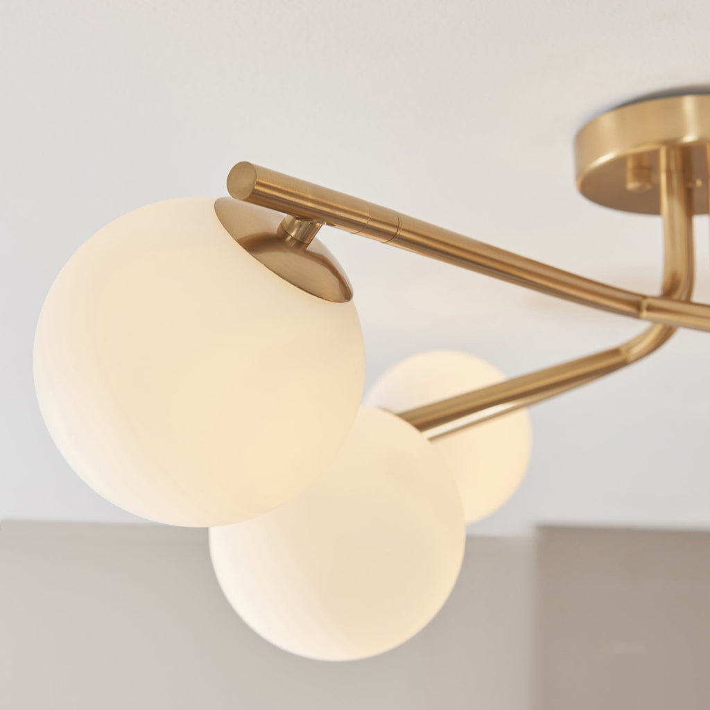 118651 Aaron 6 Light Semi Flush Ceiling Light Brushed Aged Brass Plate & Matt Opal Glass