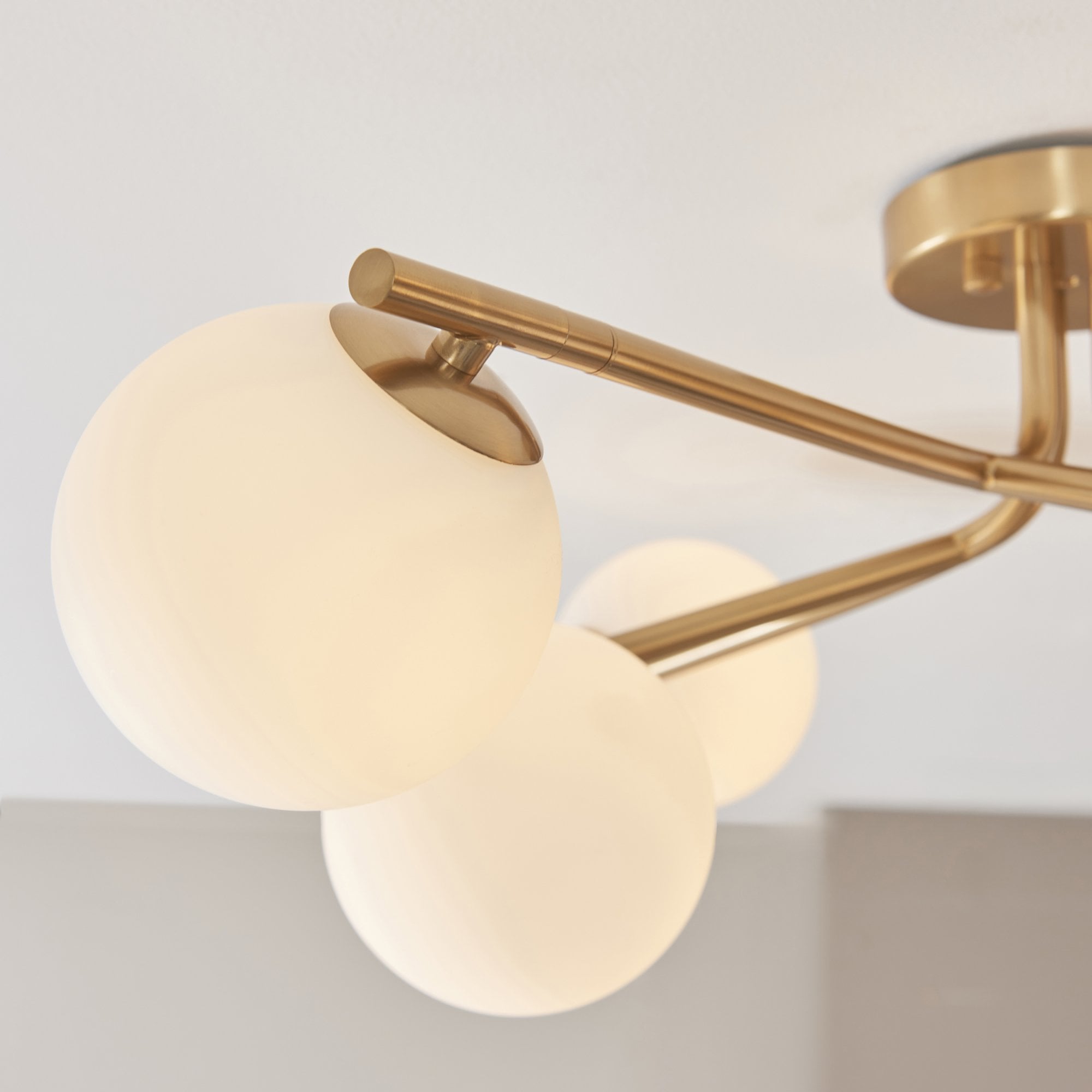 118651 Aaron 6 Light Semi Flush Ceiling Light Brushed Aged Brass Plate & Matt Opal Glass