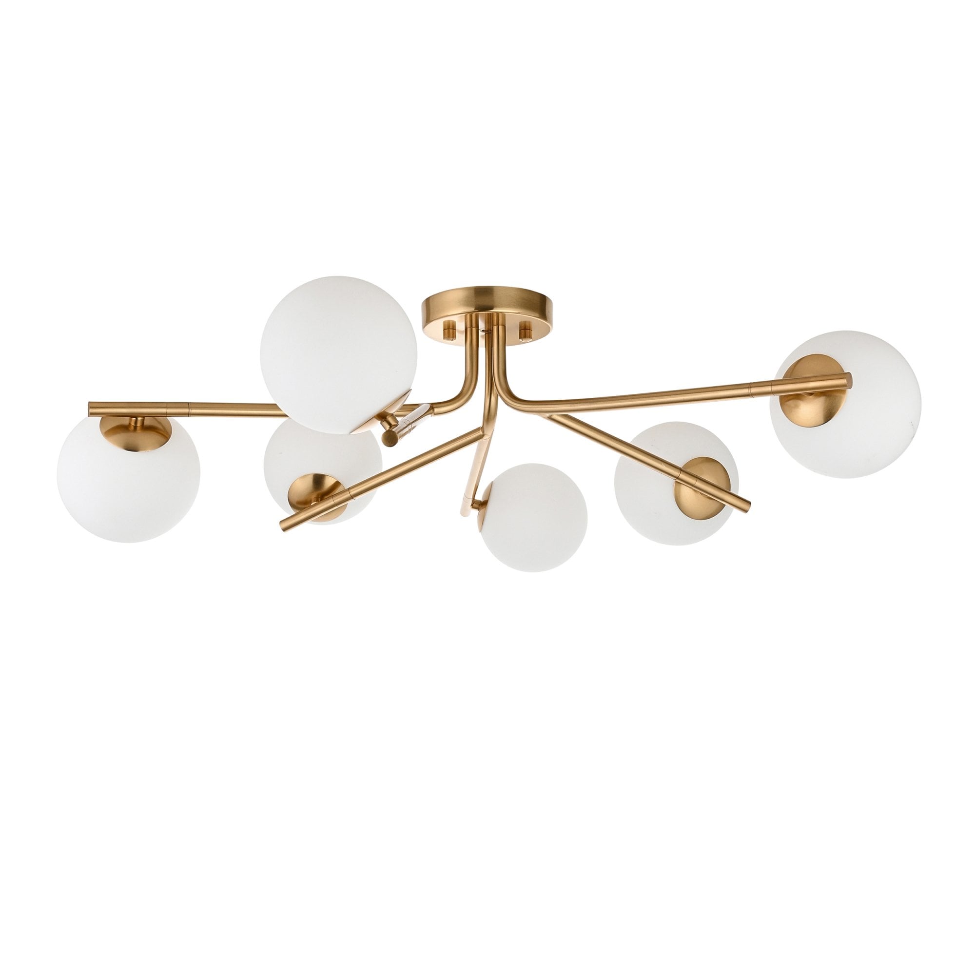 118651 Aaron 6 Light Semi Flush Ceiling Light Brushed Aged Brass Plate & Matt Opal Glass