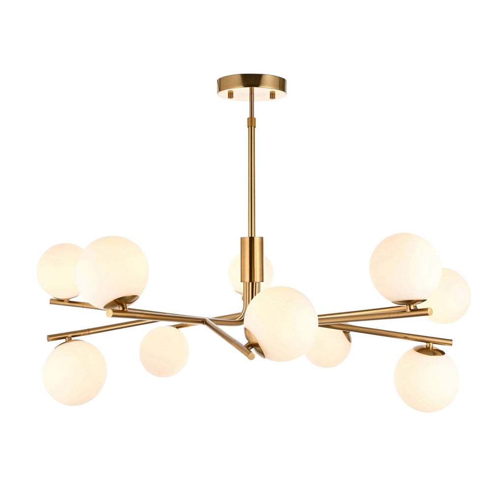118652 Aaron 10 Light Pendant Brushed Aged Brass Plate & Matt Opal Glass