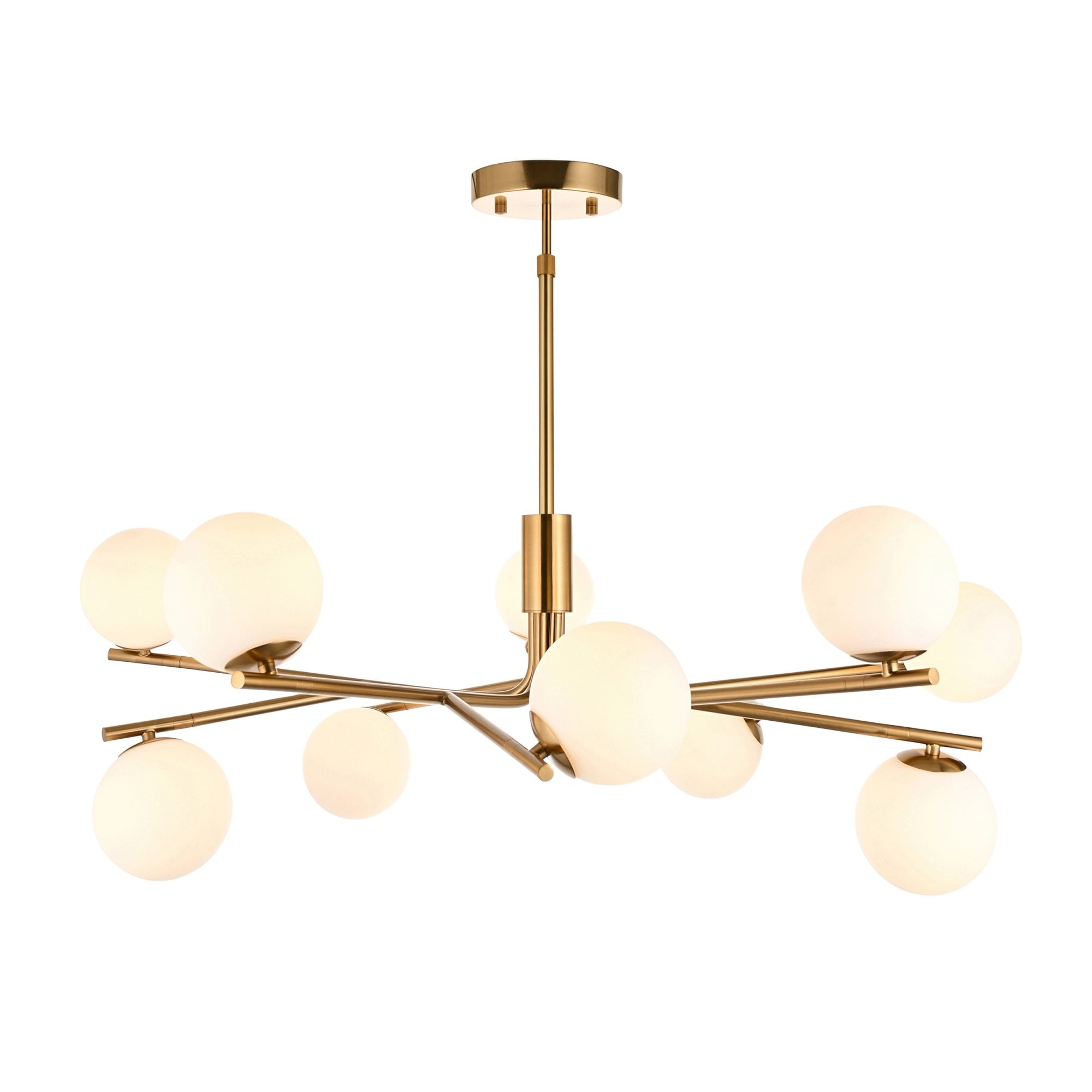 118652 Aaron 10 Light Pendant Brushed Aged Brass Plate & Matt Opal Glass
