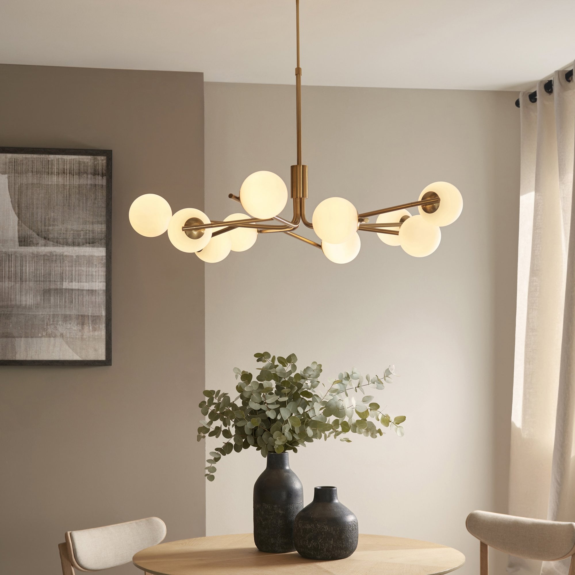 118652 Aaron 10 Light Pendant Brushed Aged Brass Plate & Matt Opal Glass