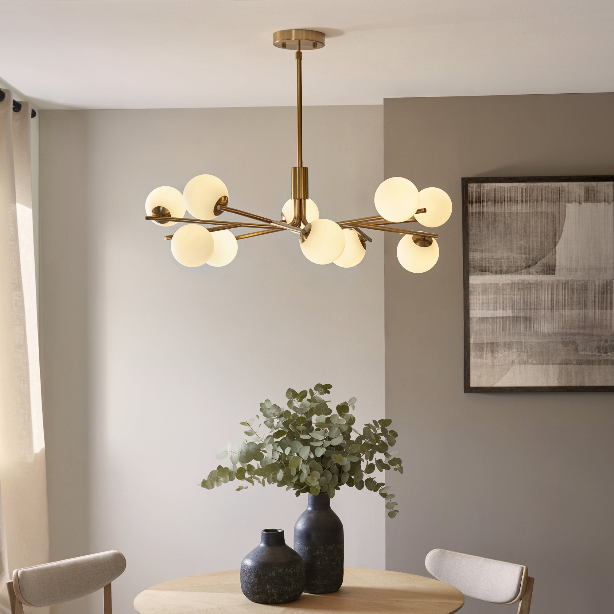 118652 Aaron 10 Light Pendant Brushed Aged Brass Plate & Matt Opal Glass