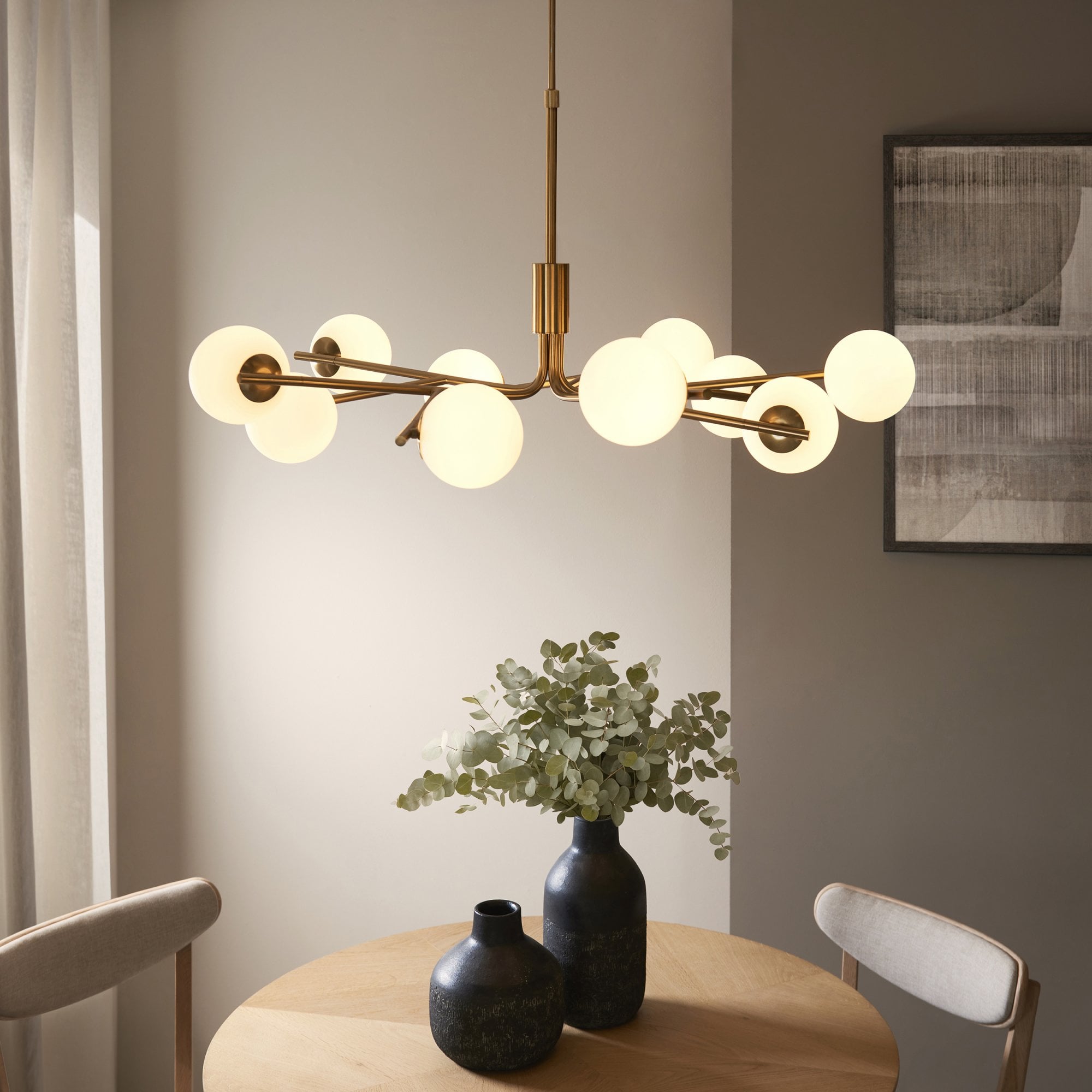 118652 Aaron 10 Light Pendant Brushed Aged Brass Plate & Matt Opal Glass