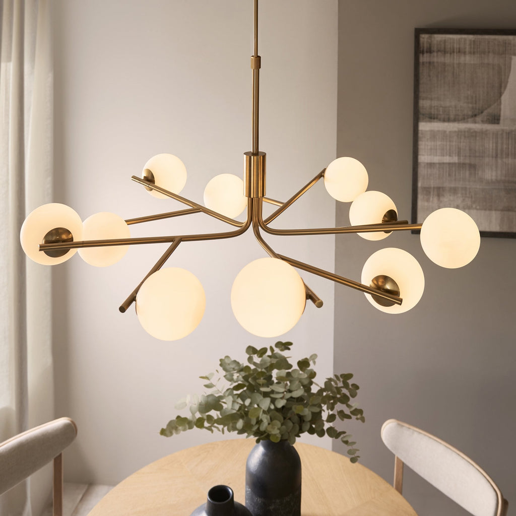 118652 Aaron 10 Light Pendant Brushed Aged Brass Plate & Matt Opal Glass