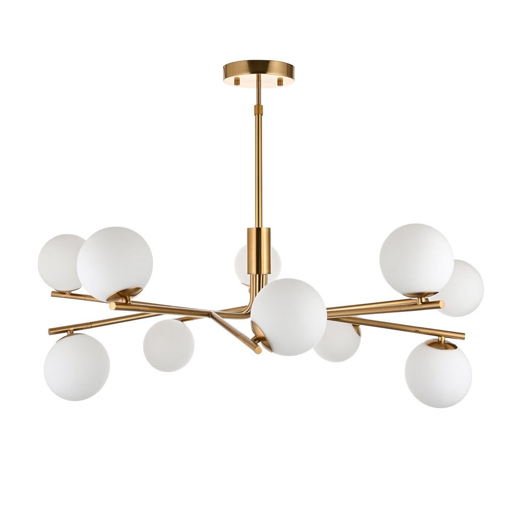 118652 Aaron 10 Light Pendant Brushed Aged Brass Plate & Matt Opal Glass