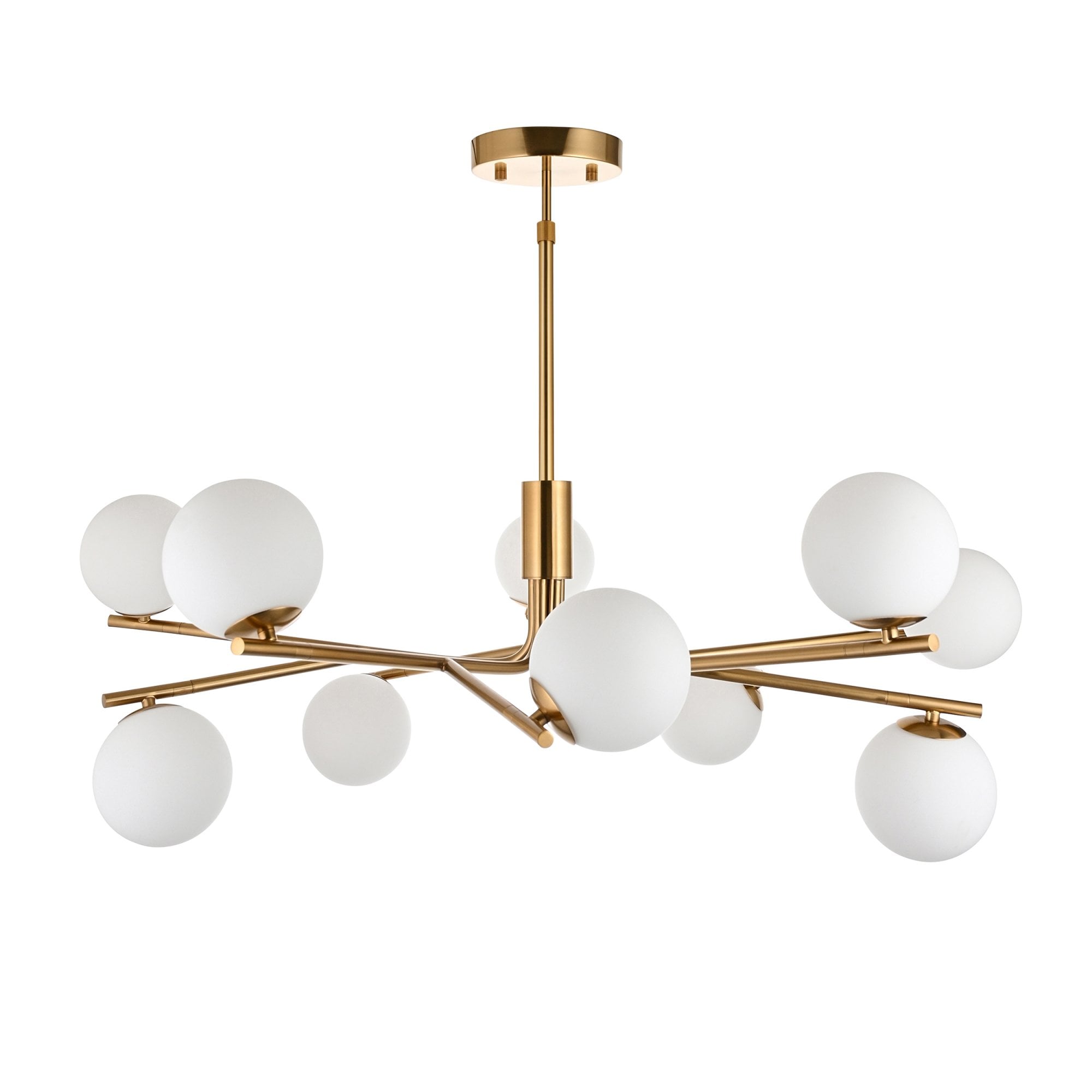 118652 Aaron 10 Light Pendant Brushed Aged Brass Plate & Matt Opal Glass