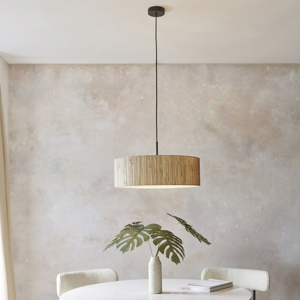 118672 Longshore 3 Light Pendant Natural Seagrass, Matt Black & White Fabric
