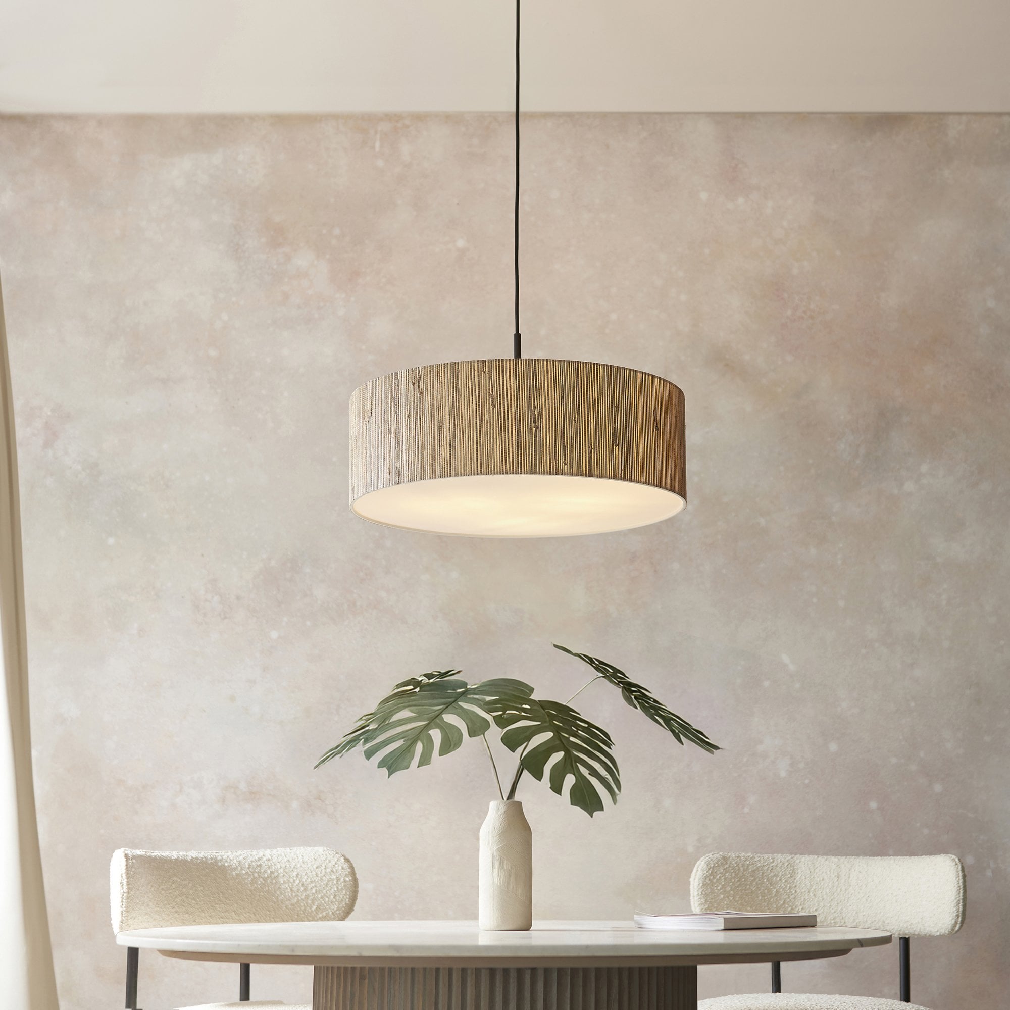 118672 Longshore 3 Light Pendant Natural Seagrass, Matt Black & White Fabric