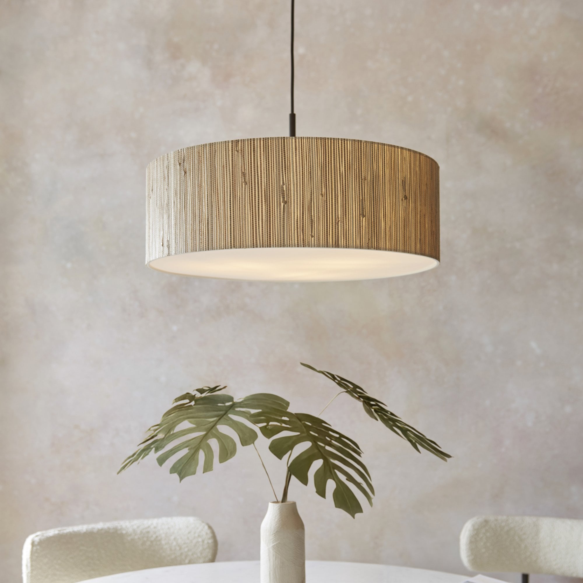 118672 Longshore 3 Light Pendant Natural Seagrass, Matt Black & White Fabric