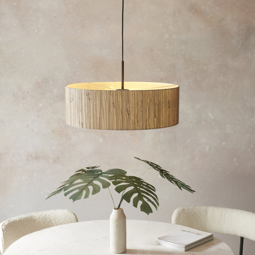 118672 Longshore 3 Light Pendant Natural Seagrass, Matt Black & White Fabric