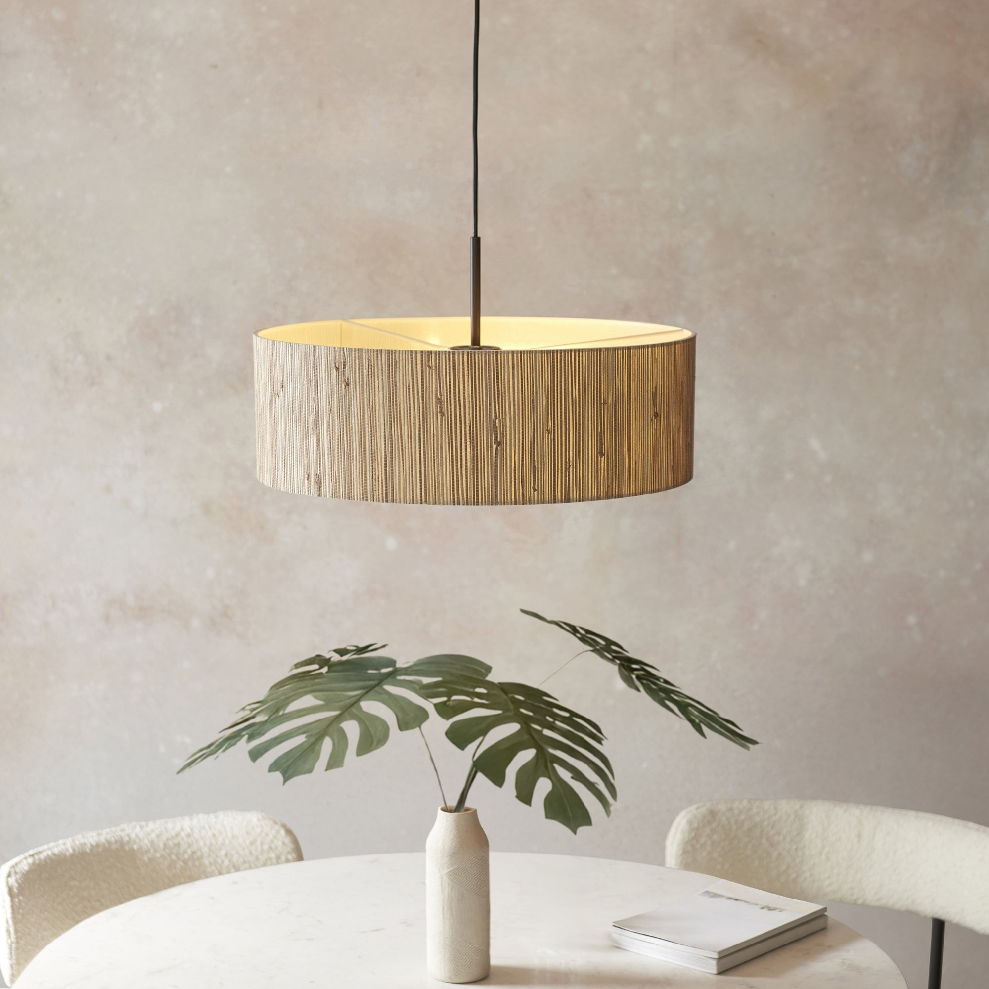 118672 Longshore 3 Light Pendant Natural Seagrass, Matt Black & White Fabric