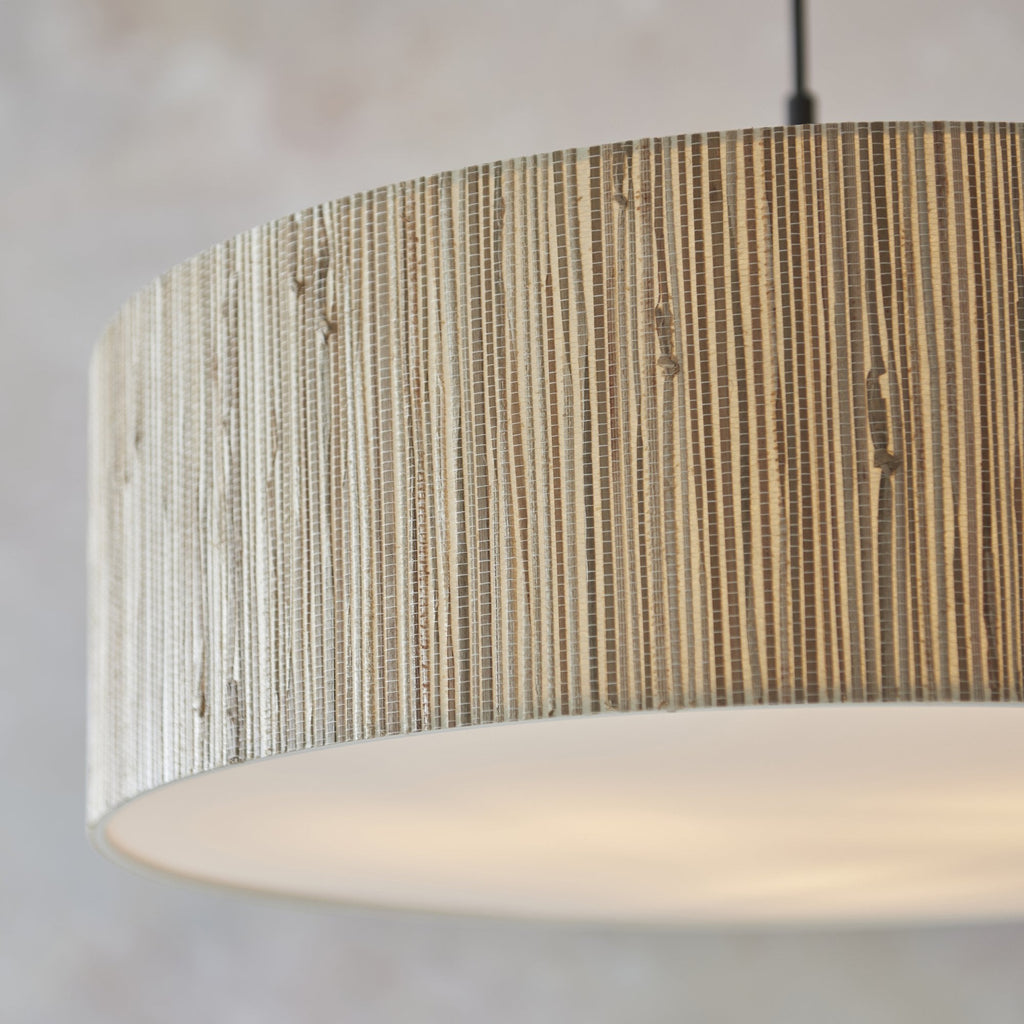 118672 Longshore 3 Light Pendant Natural Seagrass, Matt Black & White Fabric