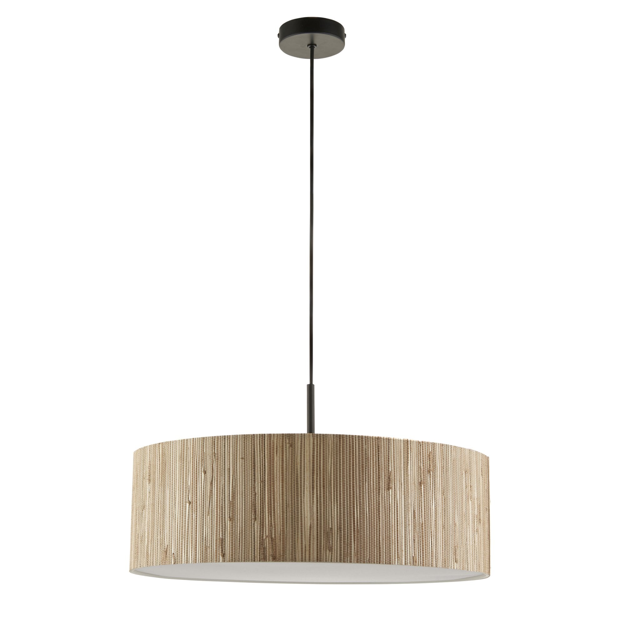 118672 Longshore 3 Light Pendant Natural Seagrass, Matt Black & White Fabric