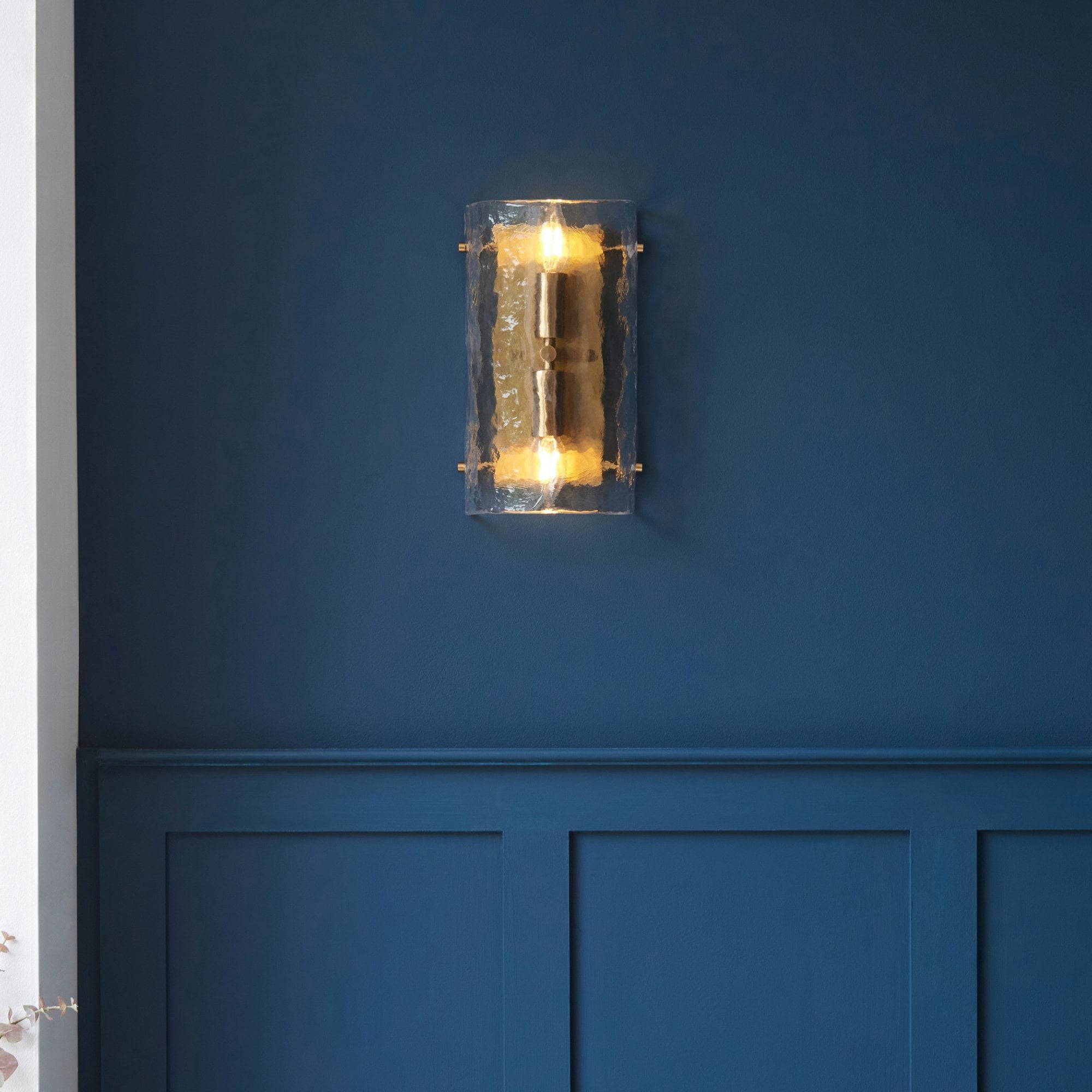 118673 Keller 2 Light Wall Light Brushed Aged Brass Plate & Handmade Textured Clear Glass