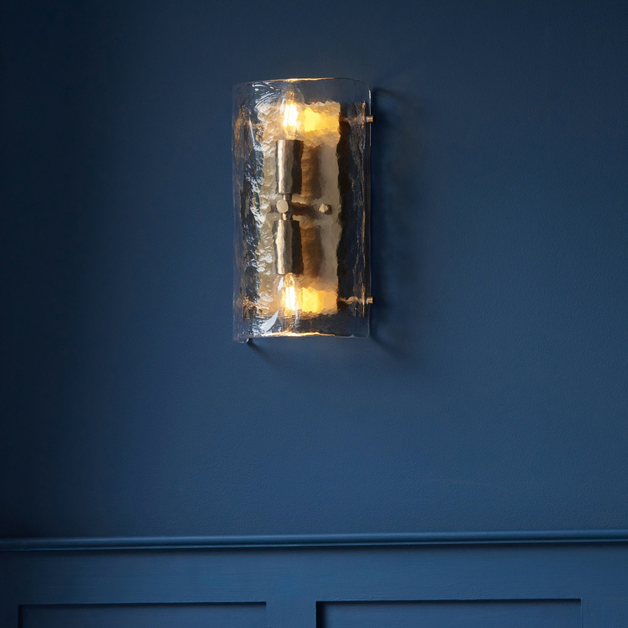 118673 Keller 2 Light Wall Light Brushed Aged Brass Plate & Handmade Textured Clear Glass