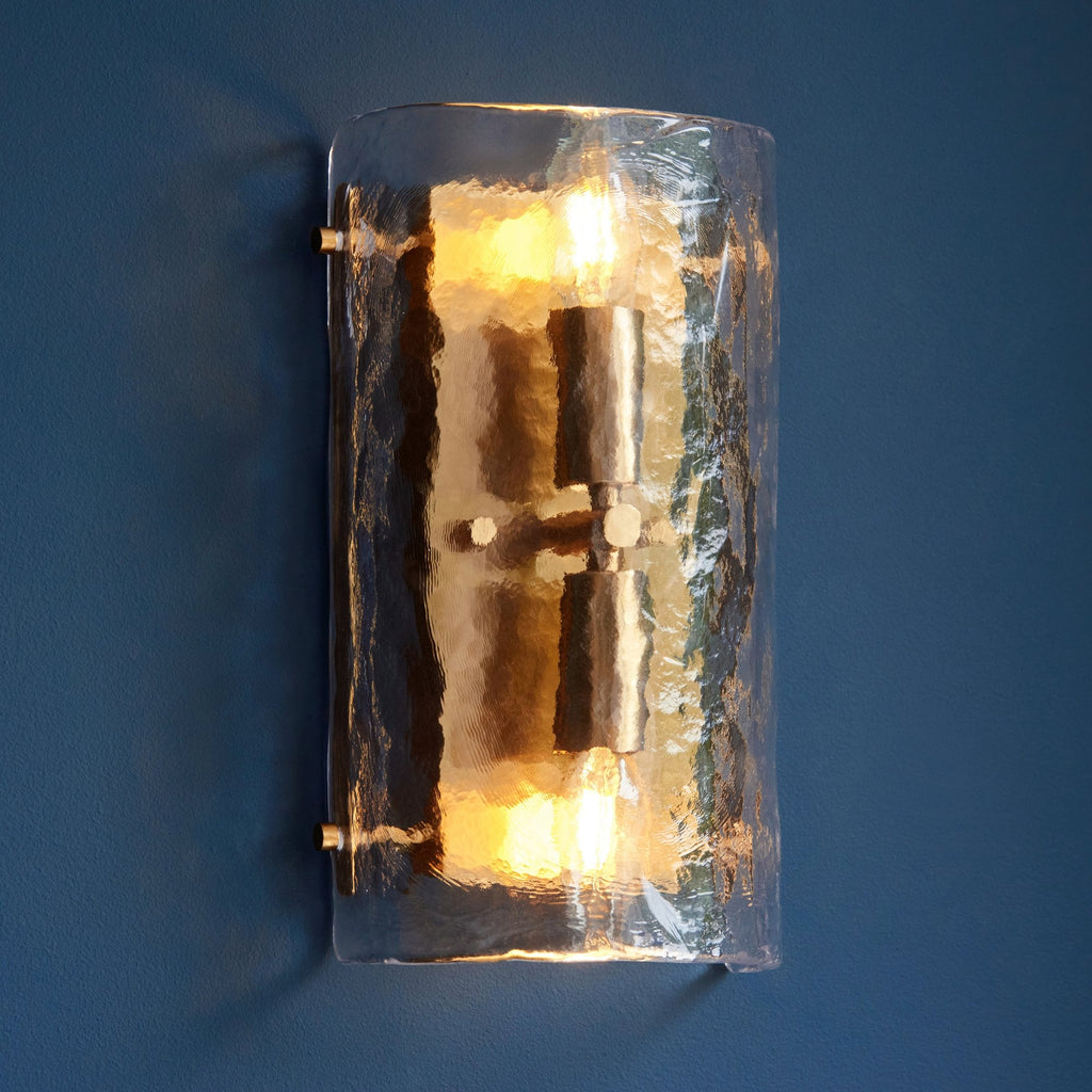 118673 Keller 2 Light Wall Light Brushed Aged Brass Plate & Handmade Textured Clear Glass