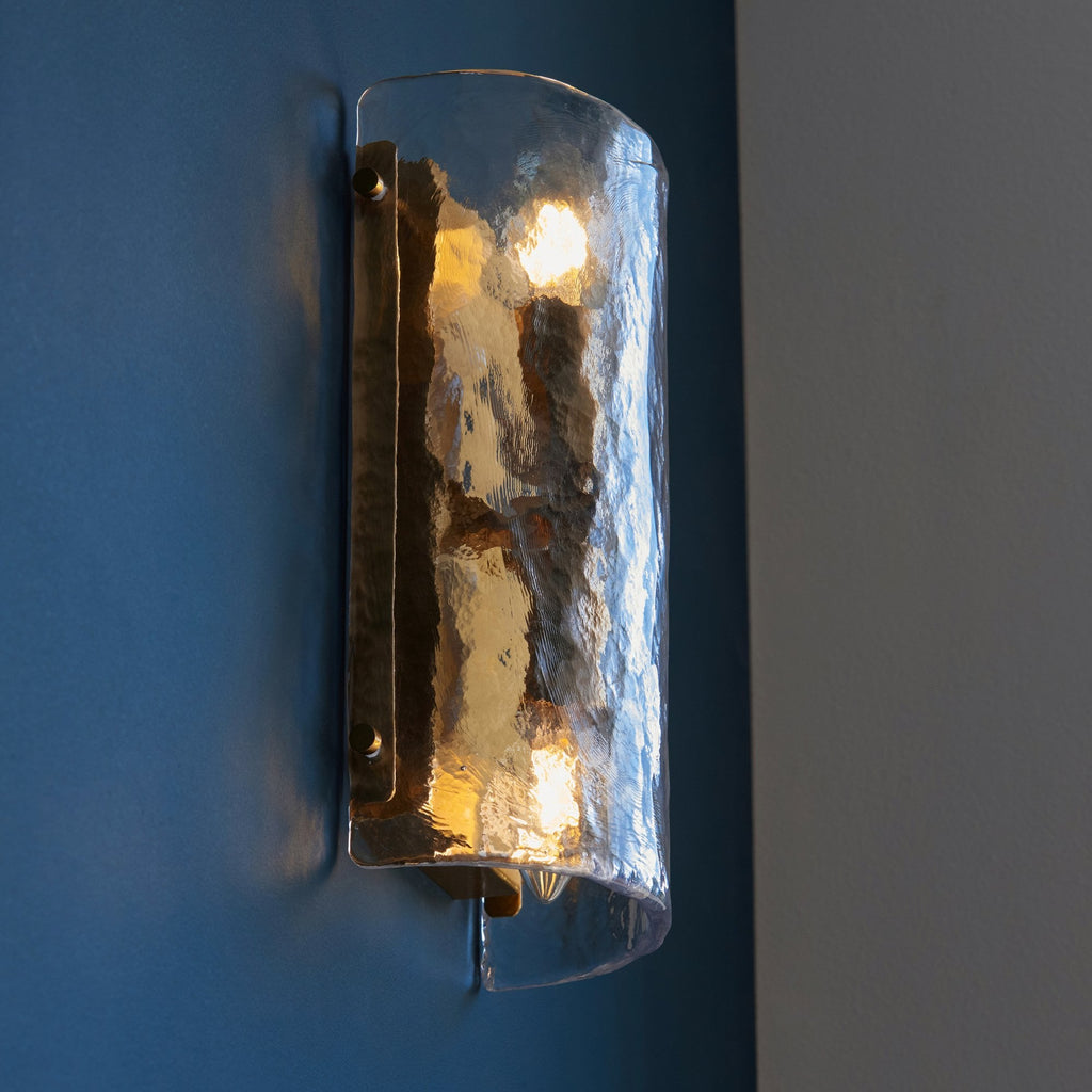 118673 Keller 2 Light Wall Light Brushed Aged Brass Plate & Handmade Textured Clear Glass