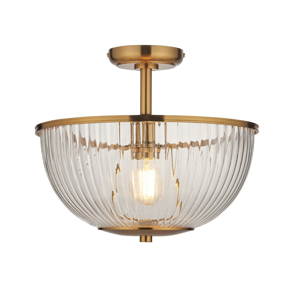 118750 Somerset Uplighter Flush Vintage Brass Finish & Clear Ribbed Glass