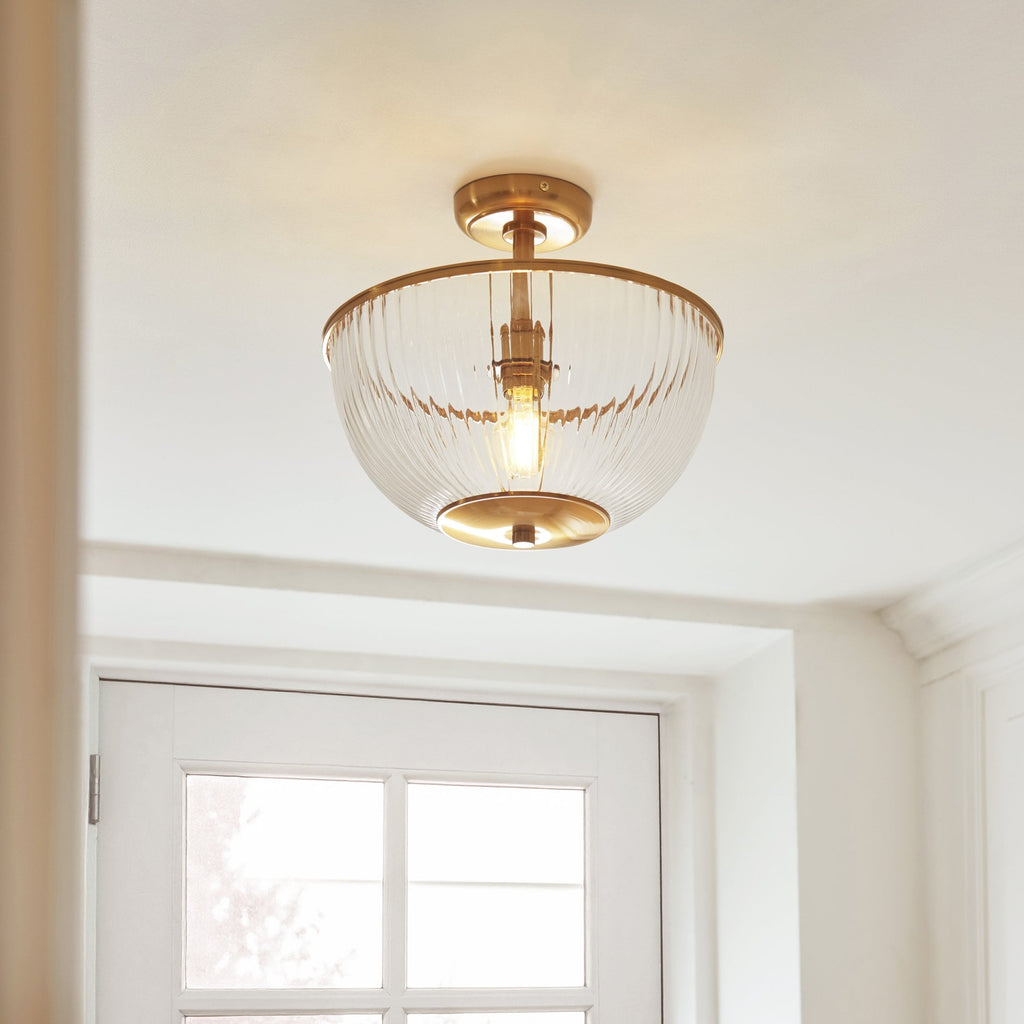 118750 Somerset Uplighter Flush Vintage Brass Finish & Clear Ribbed Glass