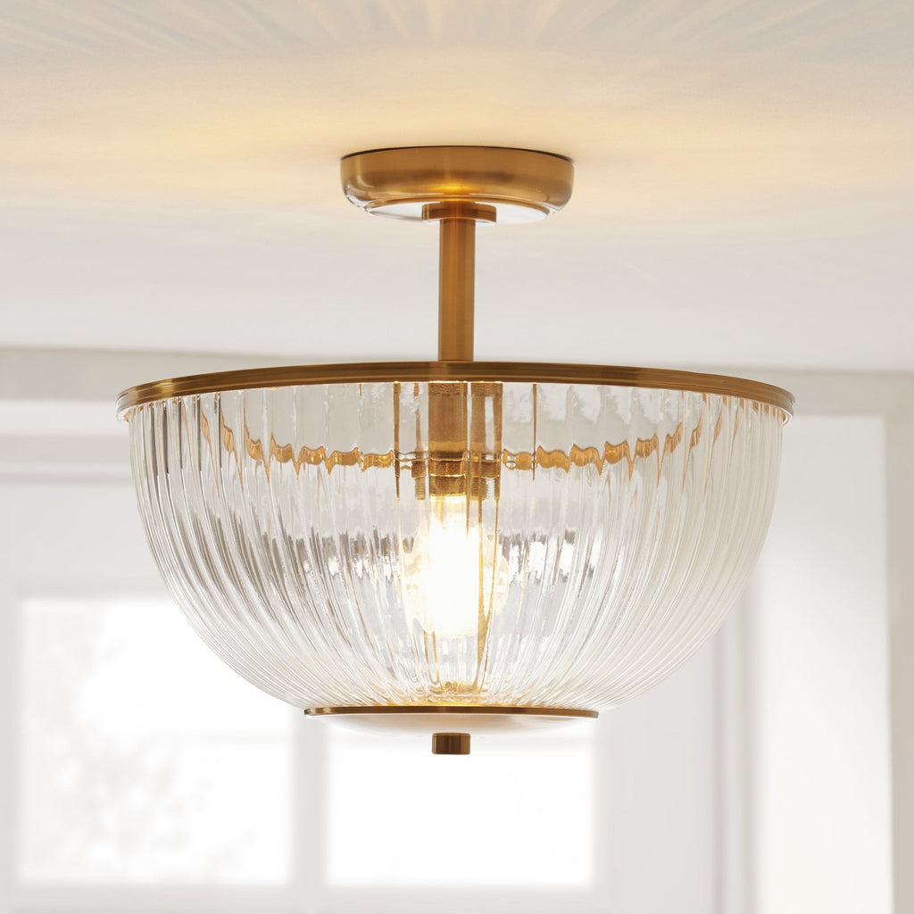118750 Somerset Uplighter Flush Vintage Brass Finish & Clear Ribbed Glass