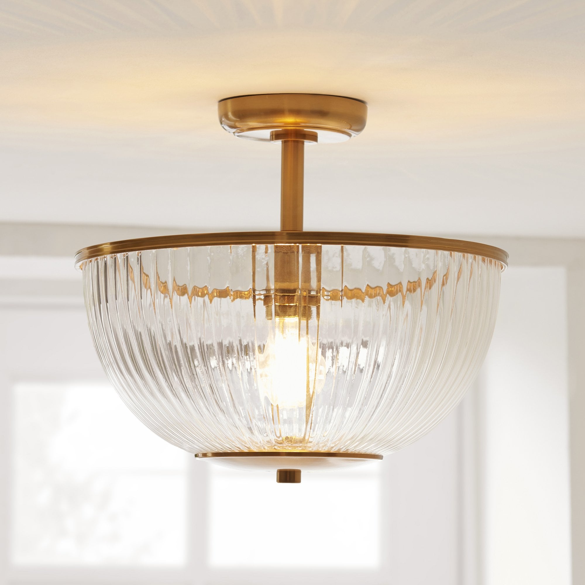 118750 Somerset Uplighter Flush Vintage Brass Finish & Clear Ribbed Glass