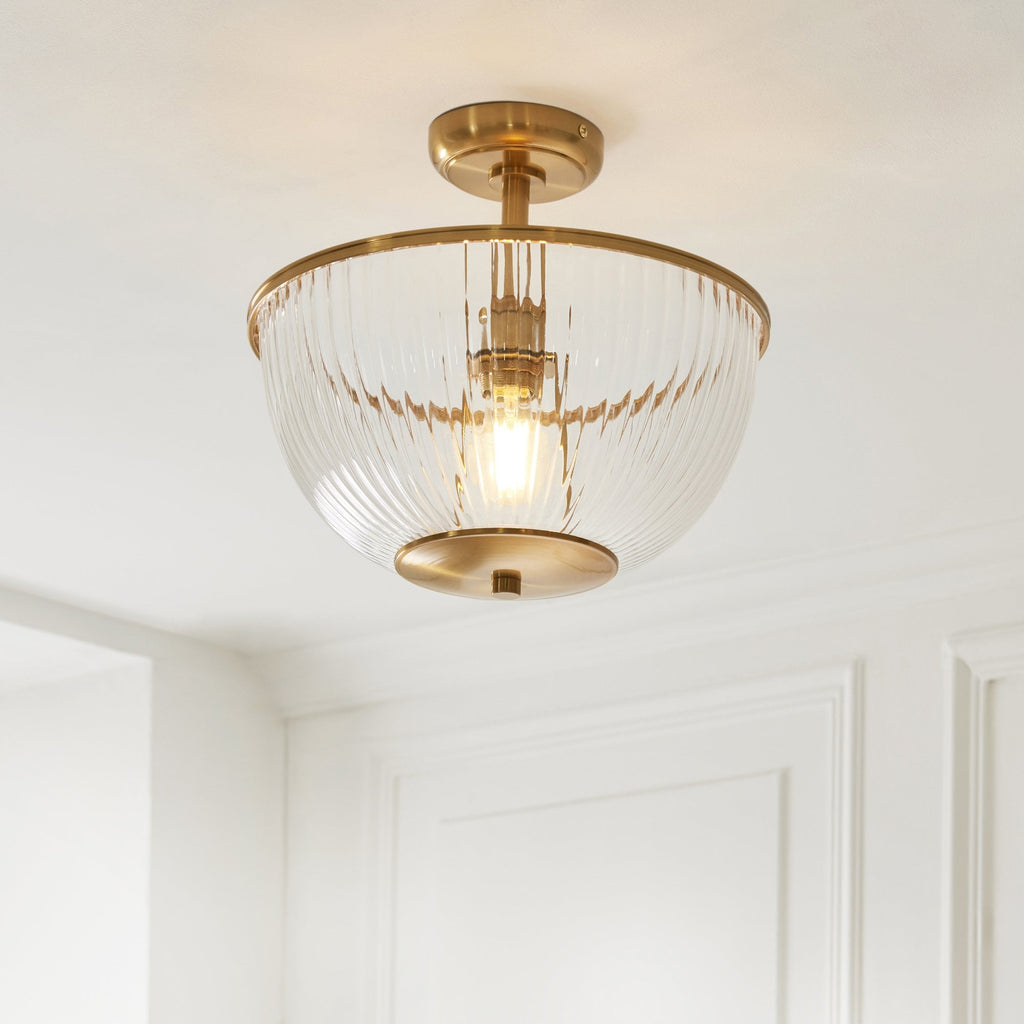 118750 Somerset Uplighter Flush Vintage Brass Finish & Clear Ribbed Glass