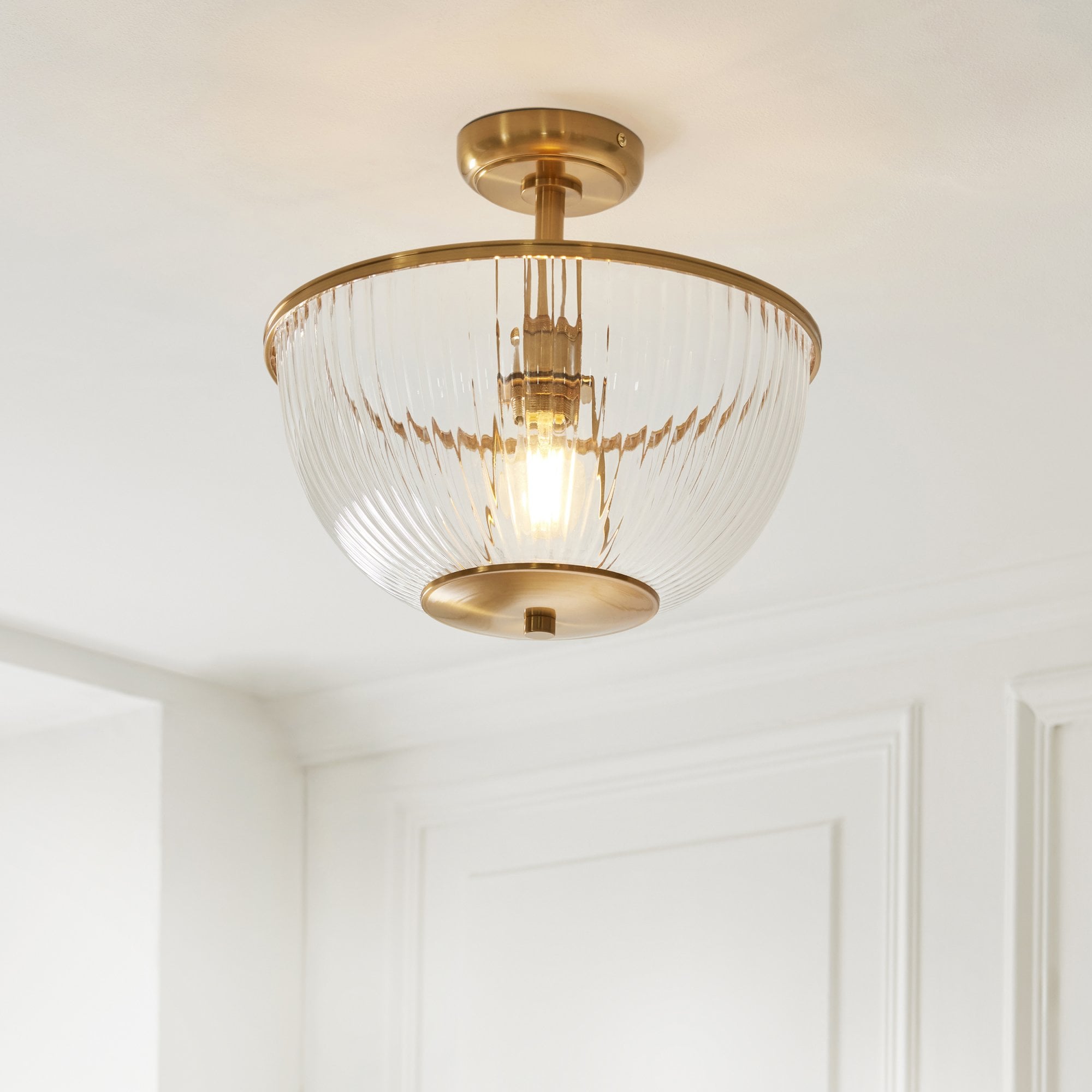 118750 Somerset Uplighter Flush Vintage Brass Finish & Clear Ribbed Glass