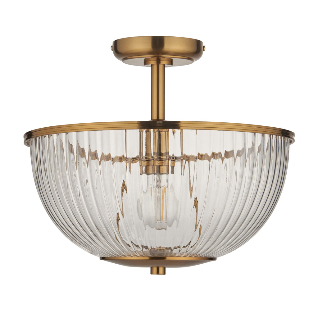 118750 Somerset Uplighter Flush Vintage Brass Finish & Clear Ribbed Glass