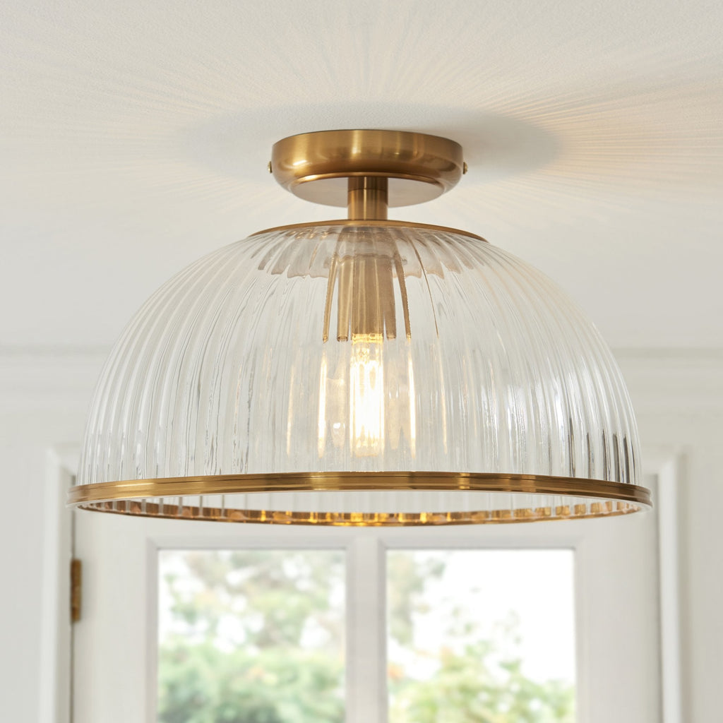 118751 Somerset Downlight Flush Vintage Brass Finish & Clear Ribbed Glass