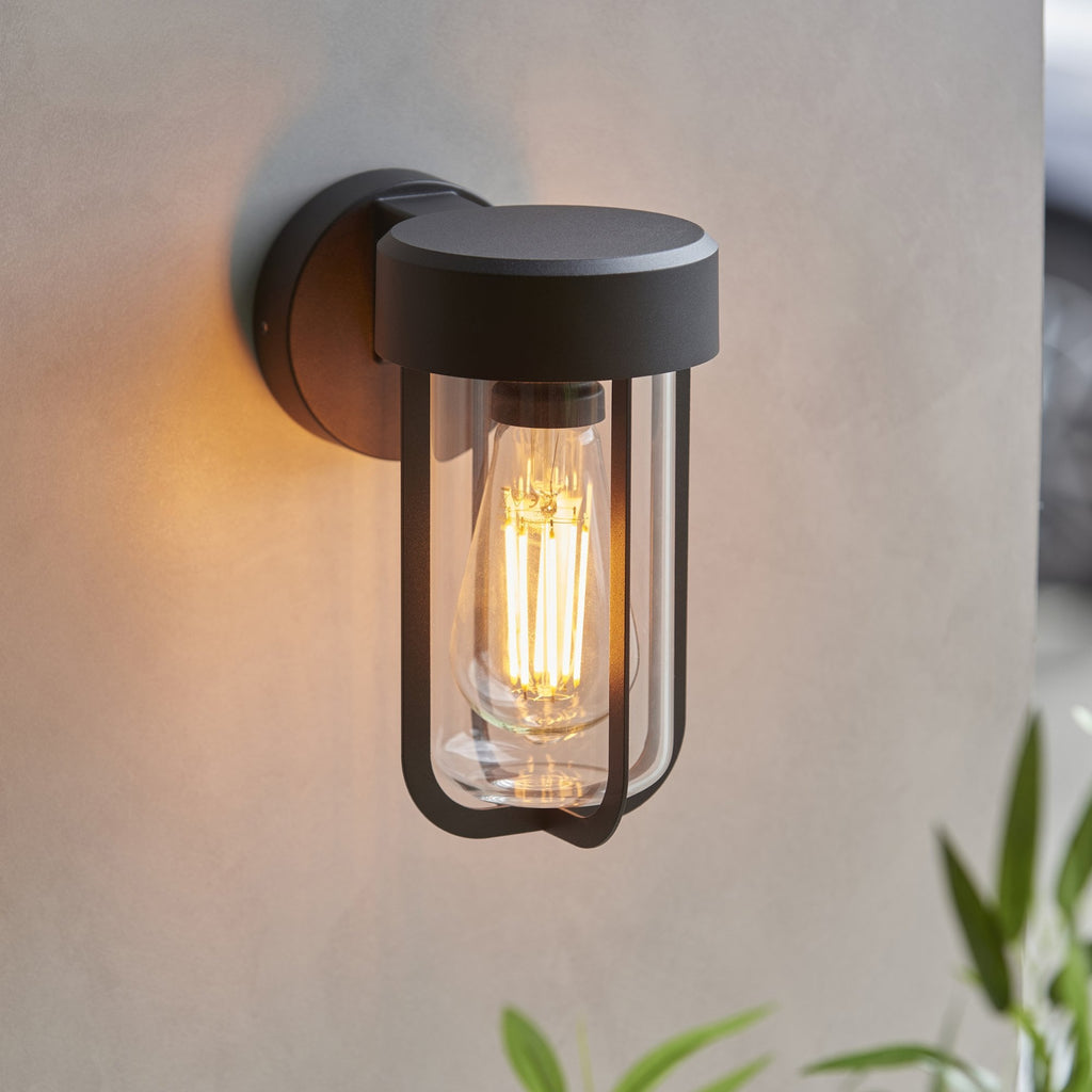 118758 Lucca Outdoor Wall Light Textured Black & Clear Glass
