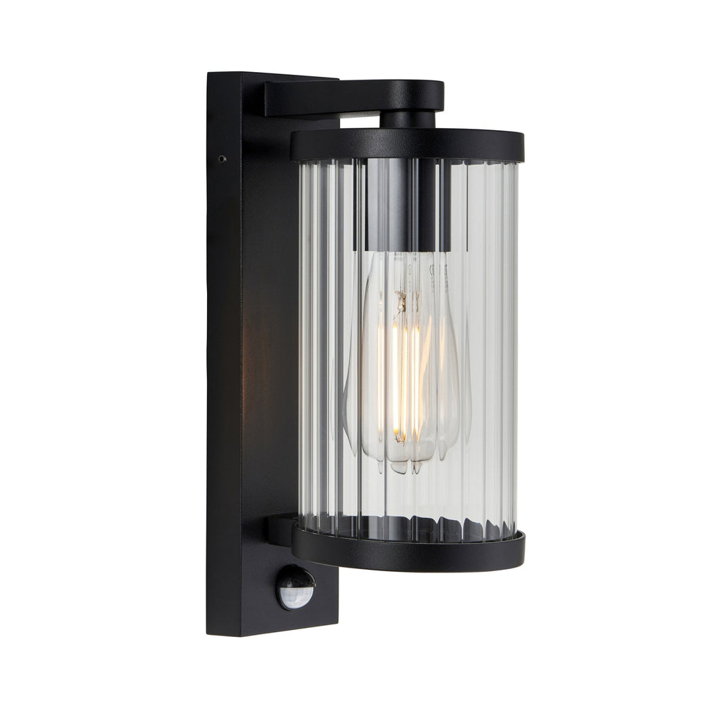 120537 Newcombe Outdoor Pir Wall Light Matt Black & Clear Ribbed Glass