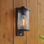 120537 Newcombe Outdoor Pir Wall Light Matt Black & Clear Ribbed Glass
